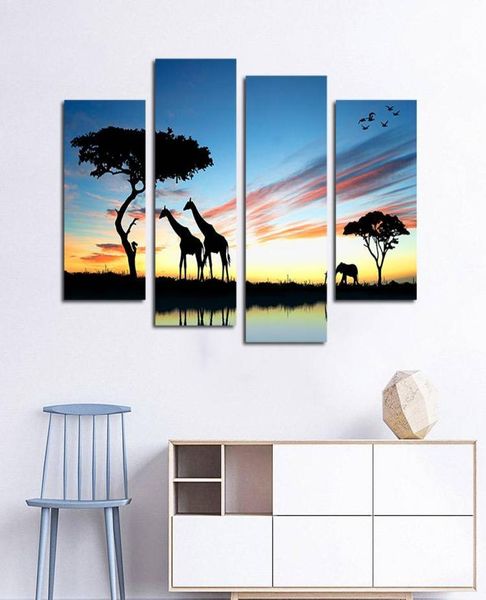 4er-Set ungerahmter afrikanischer Giraffen-Silhouette-Druck auf Leinwand, Wandkunstbild für Heim- und Wohnzimmerdekoration4154239