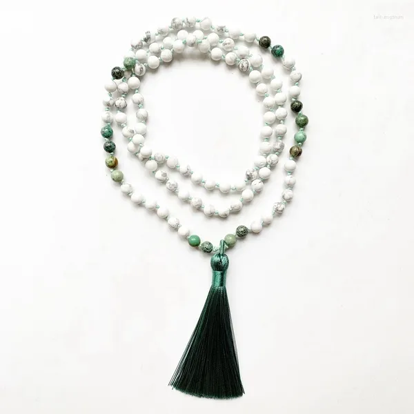 Kolye Kolye 6mm Mala Kolye 108 Doğal Taş Beyaz Howlite Afrika Boncuk Dua Boncuklar Bilezik Tassel Düğümlü