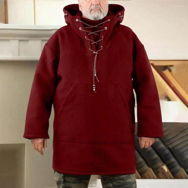 Erkek Hoodies Erkek Hoodie Üst Şık Orta Uzunlukta Kapüşonlu Sweatshirt Dantel Up Sıcak Kazak Ön cep Düz Renkli Kış