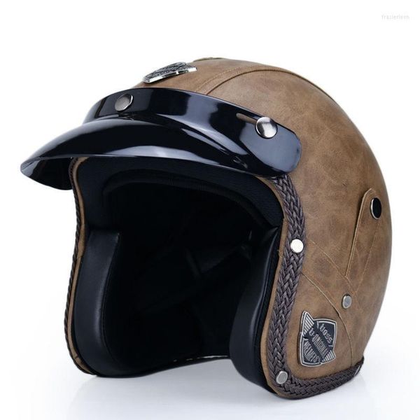 Motosiklet Kaskları Kask Chopper Capacete DOT Onaylı Açık Yüz 3/4 PU Deri Motosiklet Helm Yarım Retro Moto Bisiklet