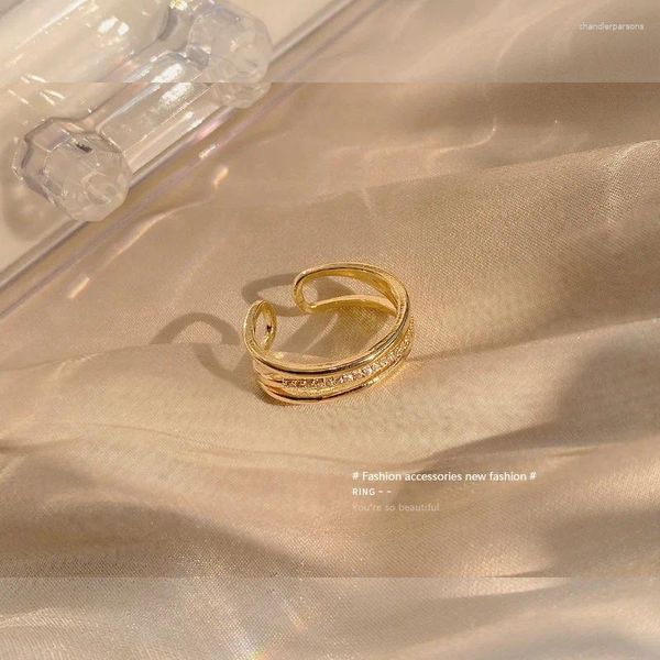 Cluster-Ringe 2023 Dreischichtiger vergoldeter offener Ring Korea Mode Einfacher vielseitiger Zirkonia Angepasster eleganter Damenschmuck