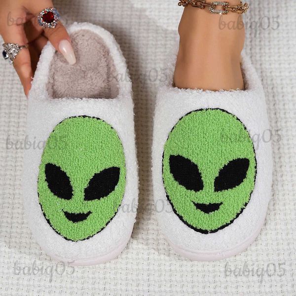 Chinelos Fluffy Chinelos Mulheres Casa Elegante Designer De Pelúcia Sapatos De Inverno Senhoras 2024 Cartoon Alien Casual Casa Plataforma Fur Slides Quente T231125