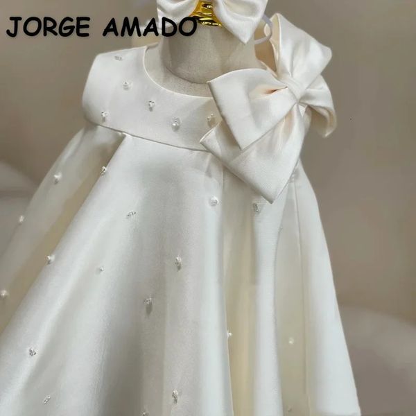 Abiti da bambina stile coreano estivo per bambina vestito da festa bianco senza maniche colletto tondo con fiocco di perle e nodo a farfalla abiti da sposa E719 231124