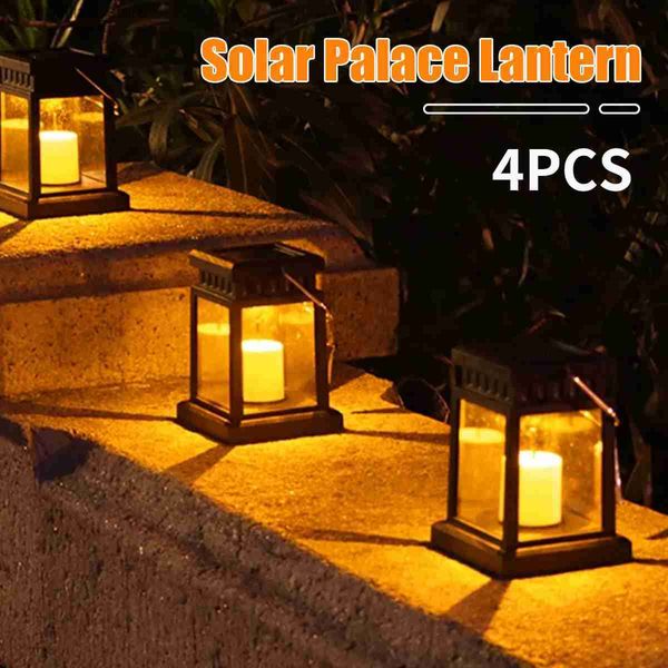 Lâmpadas de gramado Luzes Solares Ao Ar Livre Retro Palácio Lanterna Luzes Penduradas Lâmpadas de Vela Iluminação de Paisagem Luzes de Chão Decoração de Jardim Lanterna Solar Q231125