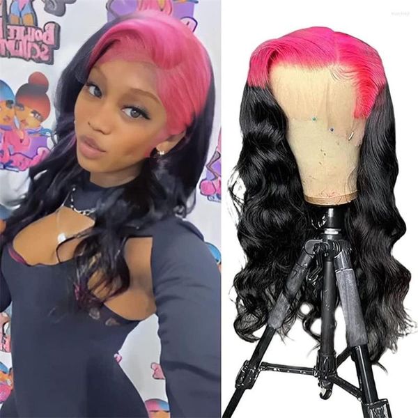 Pink Roots Two Tone Black Long Wavy Synthetic Lace Front für Frauen Ombre Color Body Wave Heat Fiber Hair Cosplay