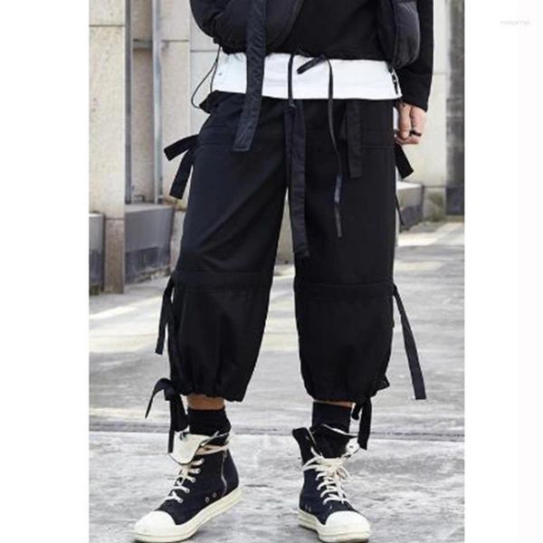 Calças masculinas 2023 primavera / verão preto cetim retalhos calças rua shorts hip-hop punk gótico sweatpants estilo yamamoto