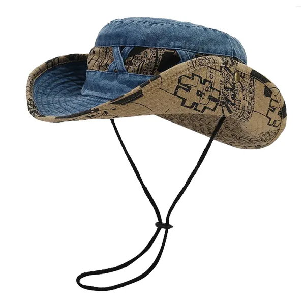 Berretti Cappelli a secchiello stile occidentale per uomo Donna Cappello da sole a tesa larga Stampa di moda Visiera regolabile Protezione UV esterna Safari