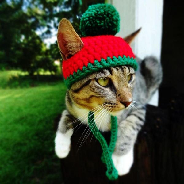 Costumi per gatti Cappello lavorato a maglia per cani Cucciolo Animale Natale Natale lavorato a maglia con berretto con palline Halloween Cosplay Fascia per capelli