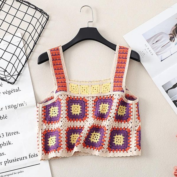 Frauen Tanks 2023 Frauen Handgemachte Gestrickte Tank Tops Böhmischen Stil Blume Häkeln Weste Crop Top Weibliche Sommer Leibchen Camis