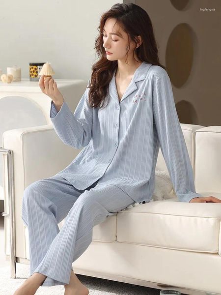 Kadın pijama saf pamuk pijamaları kadınlar bahar yumuşak tatlı pembe pijamalar uzun kollu gece kıyafetleri Lady açık mavi ev kıyafetleri pijamas