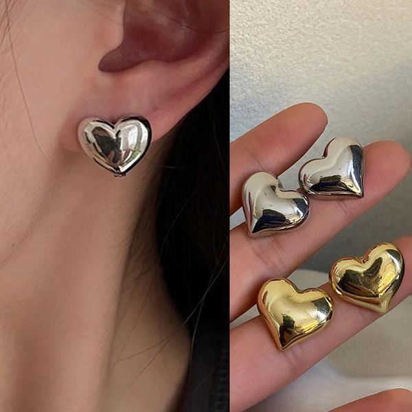 Серьги-гвоздики 3D в форме сердца с пряжкой для ушей, стереоскопические, маленькие, среднего размера, медные, женские, элегантные, цвета: золото, серебро, простые