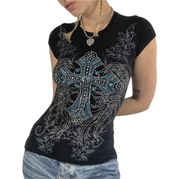 Womens Tanks Camis Xingqing T Shirt y2k Aesthetic Fairy Grunge Cross Wings Pattern Short Sleeve Tops Casual Graphic Tee 2000er Streetwear 230424