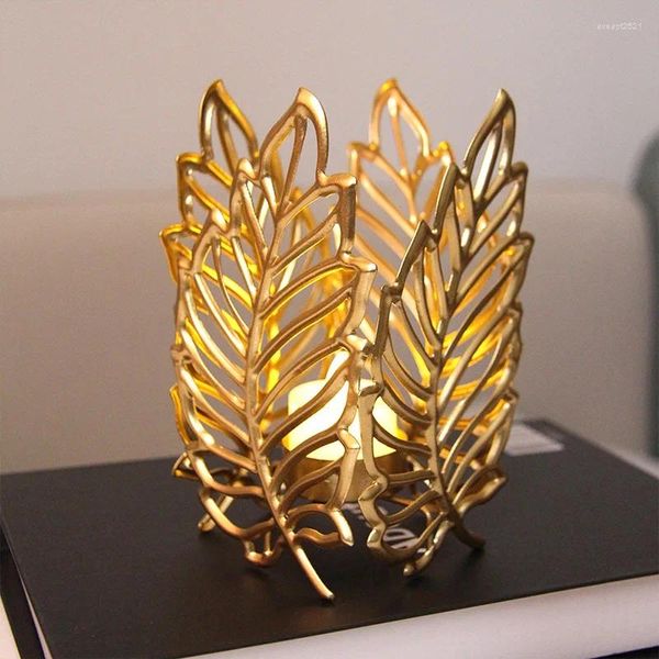 Mum Tutucular Altın Yapraklı Nordic Demir Sanat Mum Bileti Masa Dekorasyon Romantik Düğün Merkezi Çay Işığı