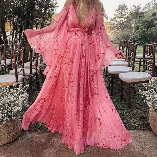 Германства платья 2023 Подвеска с цветочным платьем глубоко vneck batwing serce sexy pink print prif