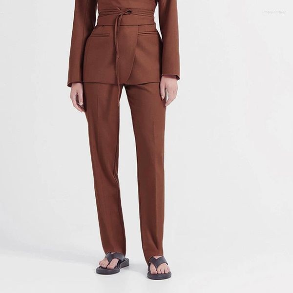 Женские брюки 2023 EST в стиле брюки женщины с высоким талией коричневый цвет офис офис формальный длинный прямой большой размер xl