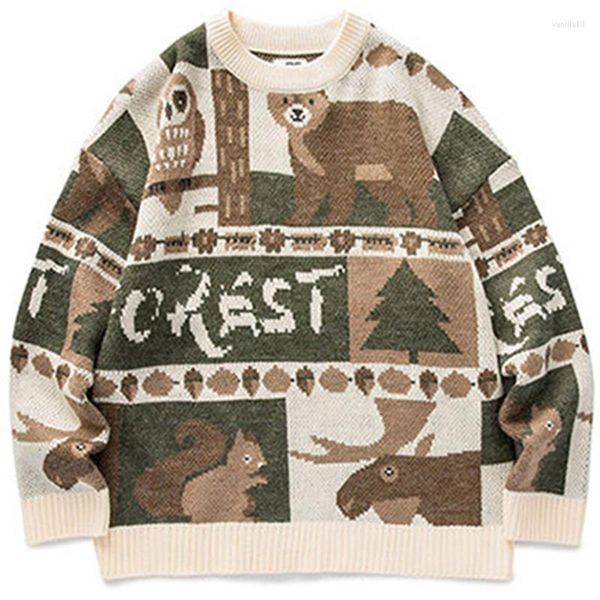 Maglioni da uomo Maglione foresta stile giapponese Uomo Vintage Cartoon Animal Maglieria Pullover Hip Hop 2023 Inverno Spessore Donna oversize