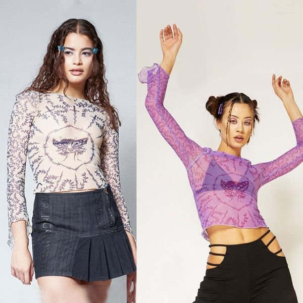 Damen Polos Damen Flare Langarm Mesh T-Shirt Harajuku Gothic Punk For Butterfly Girl Graphic Print See-Through Crop Top Slim Blo 10CF