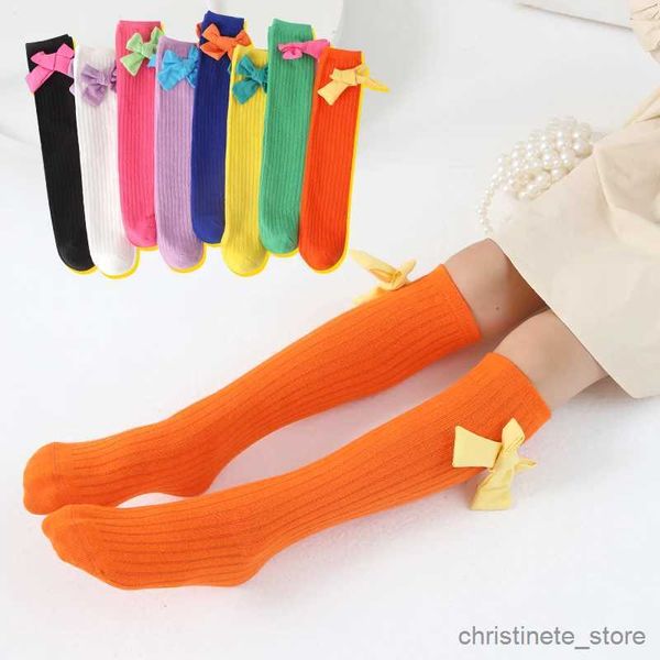 Crianças meias princesa meias para bebê crianças 3d cores contrastantes grande laço nó meias longas bonito dos desenhos animados meninas sobre o joelho meias altas