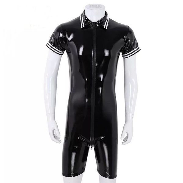 Costumi sexy da uomo Tuta in pelle lucida in PVC tuta sexy Gioco divertente tuta attillata anteriore con cerniera a 2 vie