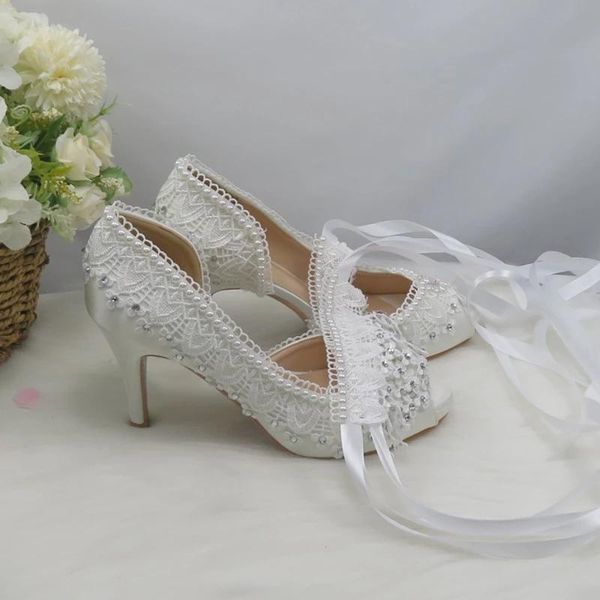 Robe chaussures dentelle fleur blanche mariée mariage femmes bout ouvert fête dames pompes à talons hauts peep talons fins princesse