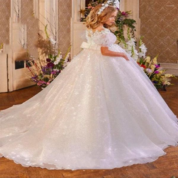 Vestidos de menina puro branco tule renda impressão flor vestido princesa bola beleza concurso primeira comunhão crianças surpresa presente aniversário