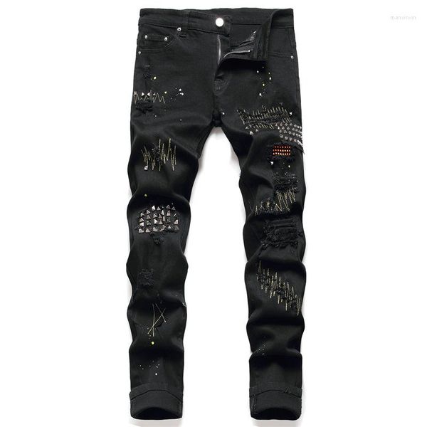 Herren Jeans Schwarz Design Herren Rivet Crystal Stretch Streetwear Punk Holes Patchwork Ripped Denim Pants Slim Straight Hose