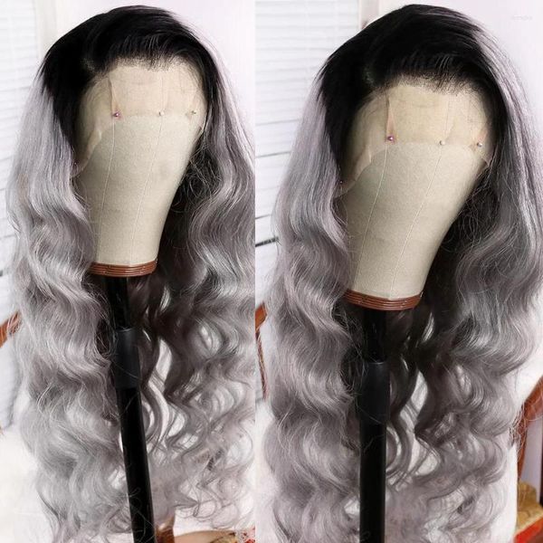 Ombre Grey Синтетические темные корни Серые длинные волны тела