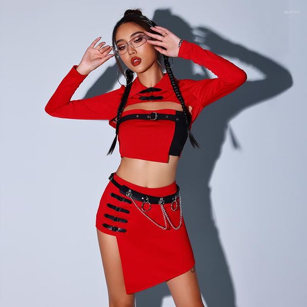 Sahne Giyim Kırmızı Gogo Dance Costume Kadın Seksi Kpop Giyim Kutbu Giyim Gece Kulübü DJ Caz Hip Hop Kıyafet BL10176
