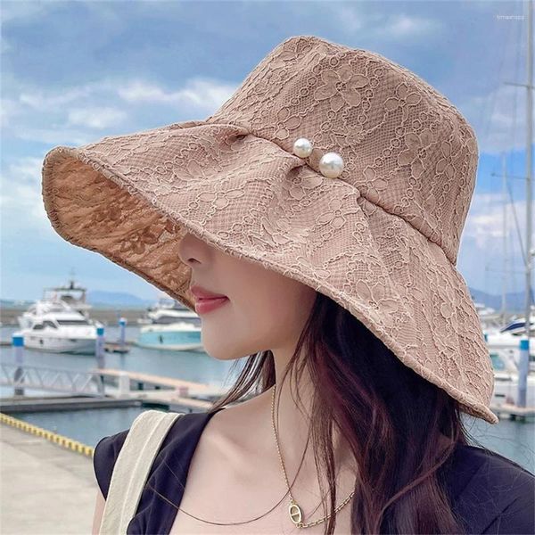 Berets Temperament Damen Sommer Outdoor Sonnenschutz Große Krempe Hut Perle Spitze Faltbare Visier Koreanische Fischer