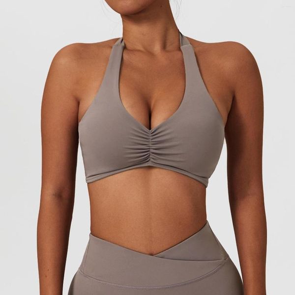 Canotte da donna Reggiseno sportivo da donna con scollo all'americana Increspato Fitness Palestra Canotta da yoga Canottiera push-up da allenamento Abbigliamento sportivo imbottito senza schienale