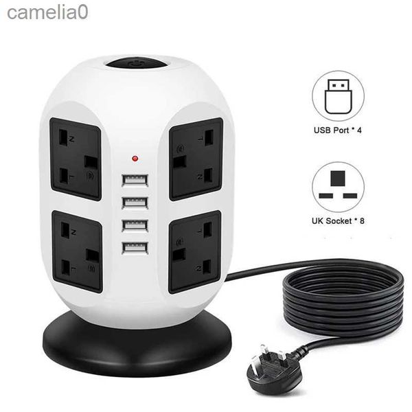 Presa per cavo di alimentazione Presa multipla a torre Prese adattatrici per prese verticali UK Prese elettriche multiple CA a 8 vie con protezione da sovratensione USB Cavo di prolunga da 3 mL231125