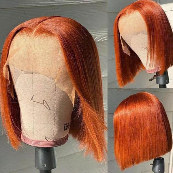 Gengibre laranja curto bob renda reta do ombro dianteiro sintético para mulheres fibra de fibra de calor frontal