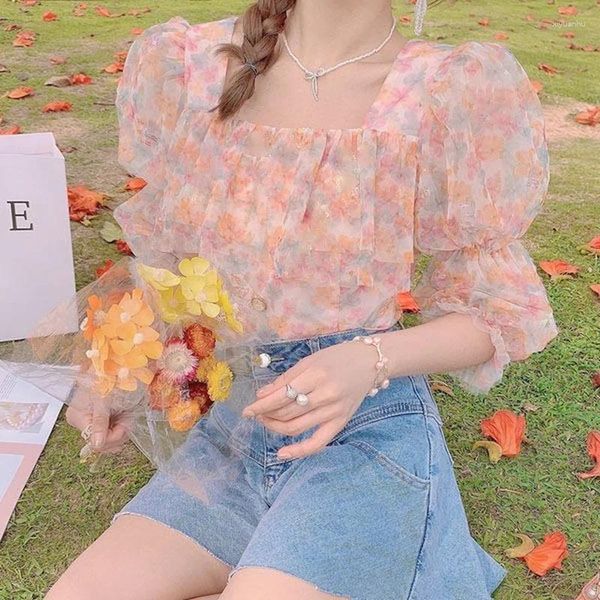 Blusas femininas kawaii floral chiffon blusa feminina verão 2023 manga puff moda coreana camisas elegantes imprimir bonita praia boêmio topos