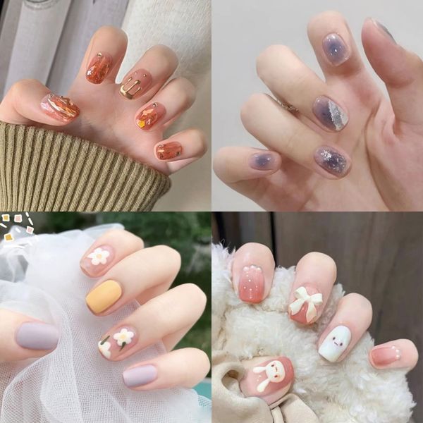 Unhas falsas unhas falsas 24p artificial curto redondo bonito kawaii cobertura completa falsa bailarina imprensa no prego conjunto arte removível sem costura