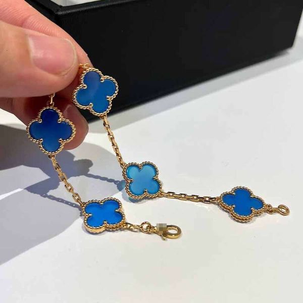 Braccialetti con ciondoli classici di lusso a 4/quadrifogli Bracciale in argento sterling Lucky Four con placcatura in agata blu e cinque fiori per uomo e donna Alta edizione