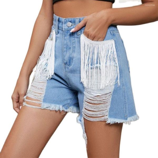 Shorts femininos Moda de moda europeia-USA Mulheres no meio da cintura buraco quebrado borla Tassel Lavado denim preto/azul claro