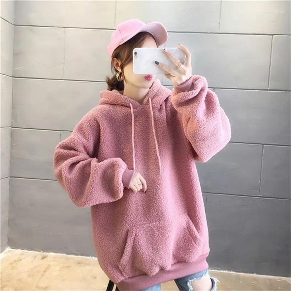 Felpe con cappuccio da donna Autunno Inverno Felpa con cappuccio da donna in velluto di agnello ispessimento più pullover per ragazza in tinta unita con ricamo alfabeto allentato