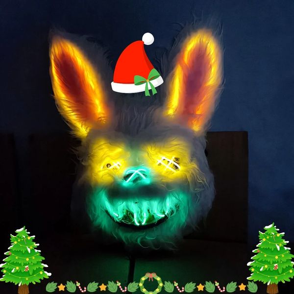 Máscaras de fiesta Navidad LED brillante Cosplay Bunny Face Mask Scary Neon Horror Rabbit Halloween Masquerade Dance Props 231124