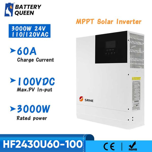 SRNE 3000W 24V Inversor solar híbrido 110V 120V CA Construção de onda senoidal pura MPPT 60A Controlador de carregador solar PV 100V DC
