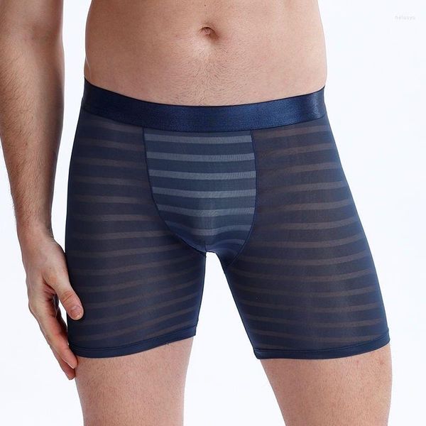 Mutande di seta del ghiaccio lunghe da uomo boxer a vita media a righe intimo da uomo boxer pantaloncini da gamba sexy mutandine ultra-sottili Cuecas