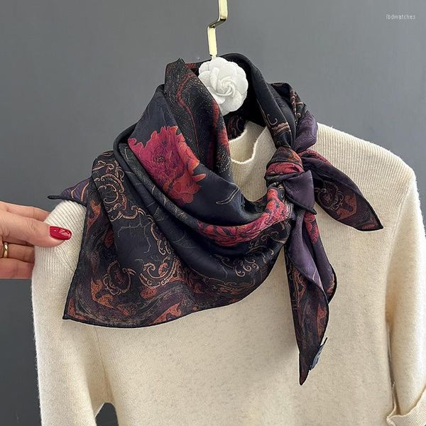 Schals im chinesischen Stil, Frühling und Herbst, doppelseitig, Rosendruck, quadratisch, Kunstseidenschal, handgefertigt, gekräuselt, Damen-Taschentuch
