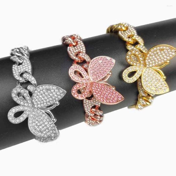 Bangle Hip Hop Bling Iced Out 2 Row Cz Miain Bracciale a catena cubana Uomo Donna Chicco di caffè Pietra Butterfly Link Bracciali 12mm