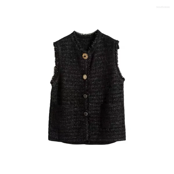 Gilet da donna 40% lana Elegante e sottile Tweed con frange Gilet lavorato a maglia nero Autunno Inverno Capispalla senza maniche Giacca Gilet