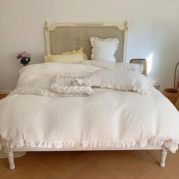 Conjuntos de cama conjuntos de algodão lavado Conjunto de princesas respirável e respirável Ruffles Rhombus Quilt/Toupet Capa de cama de cama de lençóis equipados com travesseiros