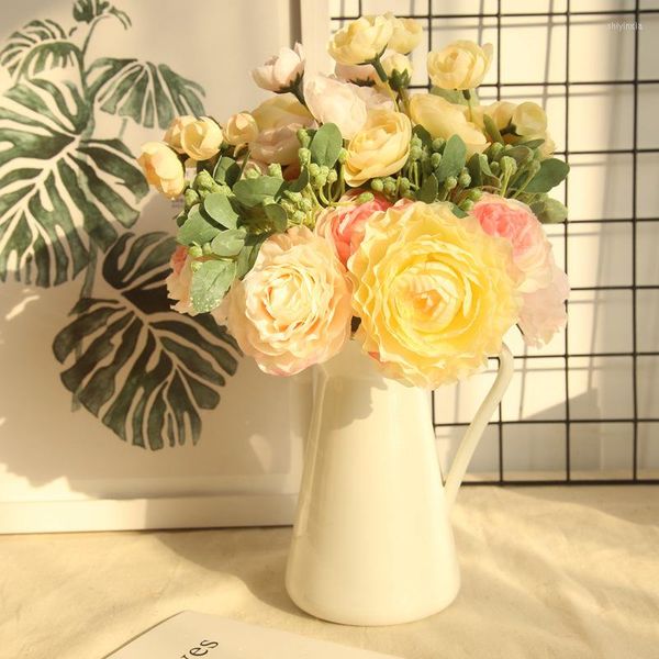 Dekorative Blumen Hochzeit Blume künstliche weiße Pfingstrose Bündel handgemachte DIY Brautstrauß Dekor rosa Rose Zubehör