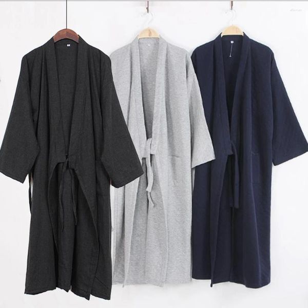 Pijamas masculinos cor sólida japonês quimono yukata robes casual manga longa roupão pijamas de algodão casa robe loungewear