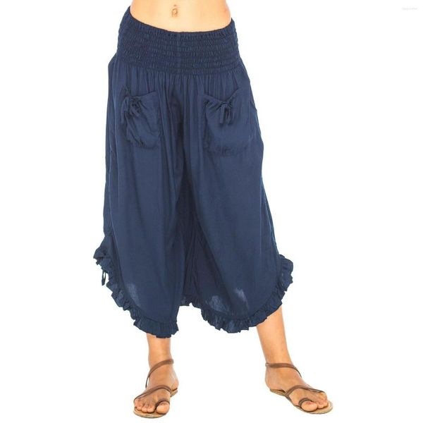 Damenhosen Lässige Cropped Baggy Damen Vintage Übergroße Komfort Elastische Taille Streetwear Weibliche Rüschen Hose mit weitem Bein