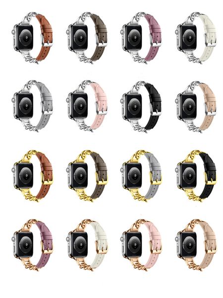 Cinturini Smartwatch in pelle con catena metallica per cinturino Apple Watch 38mm 40mm 41mm 42mm 44mm 45mm 49mm Cinturino orologio da donna in vera pelle per iWatch Ultra SE Series 9 8 7 6 5 4 3 2 1