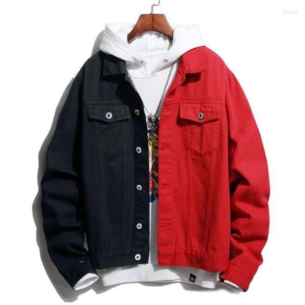 Мужские куртки джинсовая куртка мужская мода Harajuku 2023 Осень Свободные Стиль хип -хоп. Случайный хлопковой лоскут черный красный синий белый джинсы пальто