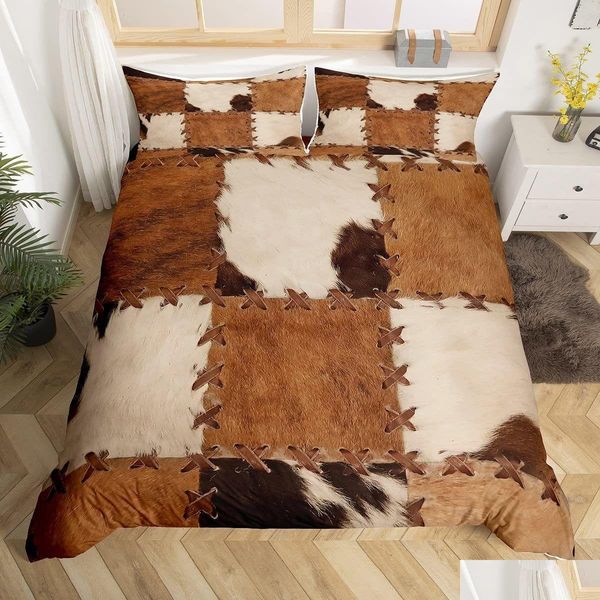 Conjuntos de cama Cowe Duvet Er Set King Sizework Cow Fur Imprimir Fazenda Animal Microfibra Western Farmhouse Estilo Quilt Drop Delivery Home G OTX9E